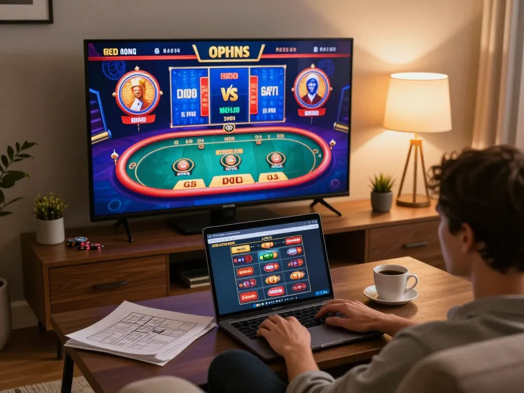Engaging in 77 WIN online casino gameplay from a cozy living room, promoting strategic fun.