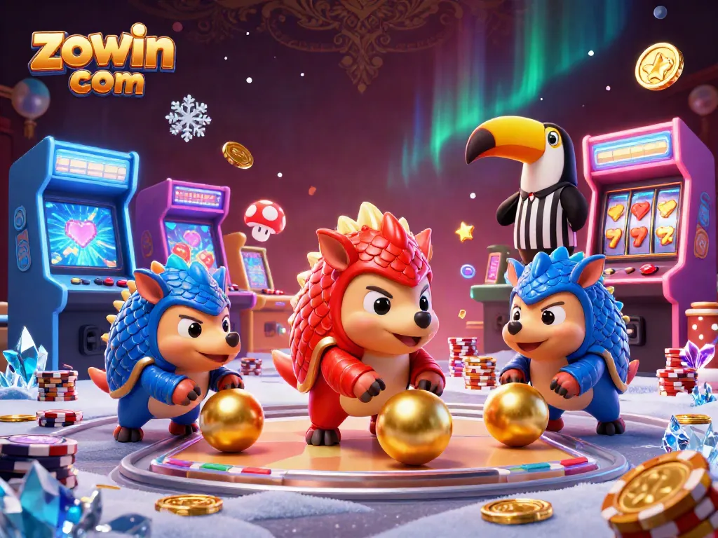 Engage with zowin com as rival pangolins in a casino adventure, rolling golden balls amidst festive casino elements.