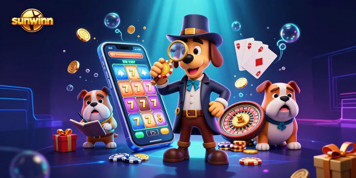 Engage with sunwinn's thrilling slots through this vibrant 3D illustration featuring detectives and casino elements.