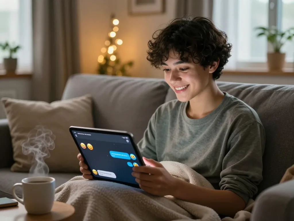 Person chatting with their girlfriend AI on a tablet, cozy home atmosphere.