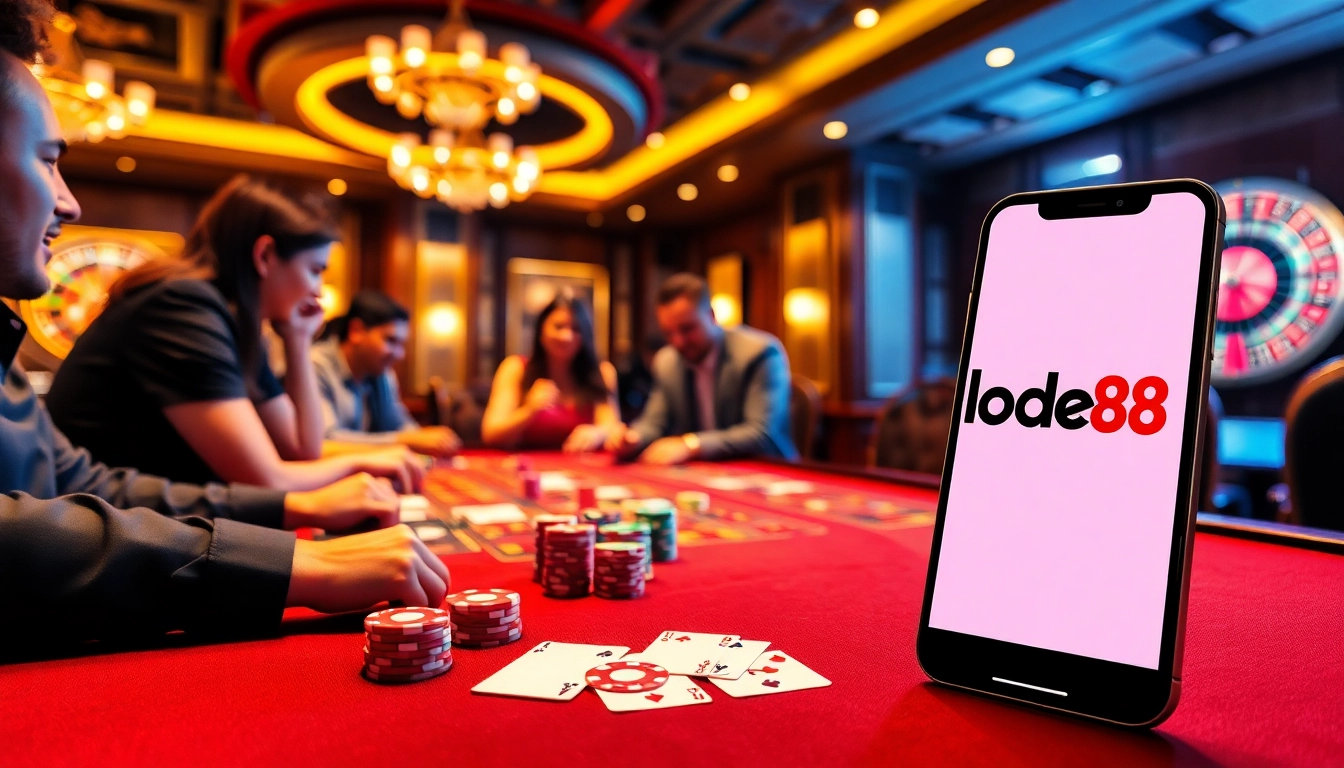 Players enjoying a thrilling poker game at a casino table with lode88 branding visible.