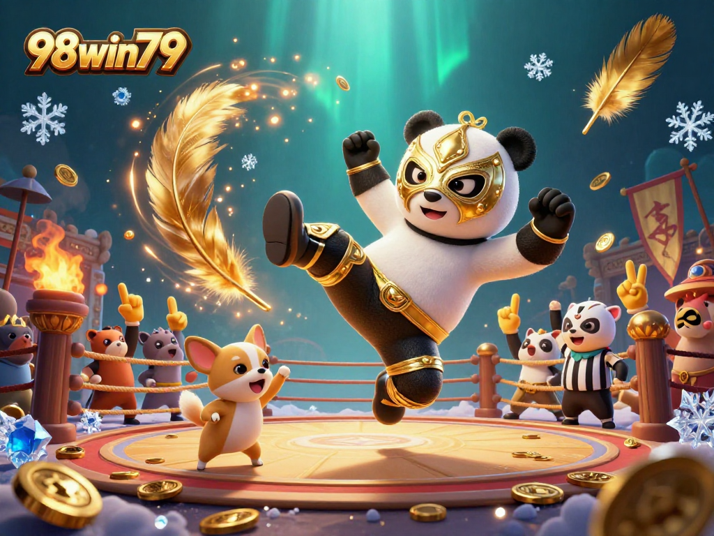 Experience thrilling actions at 98win79 with a panda wrestler in a dynamic casino scene.