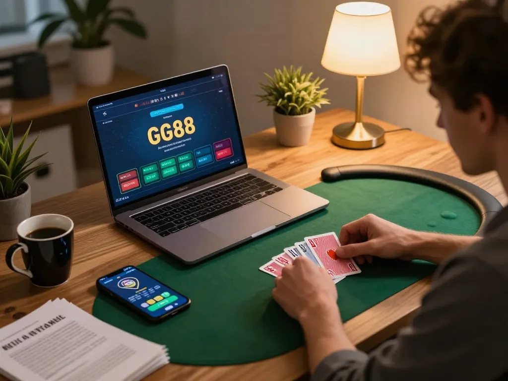 Player engaging in online poker through the GG88 app at a cozy desk, highlighting personalized gaming.