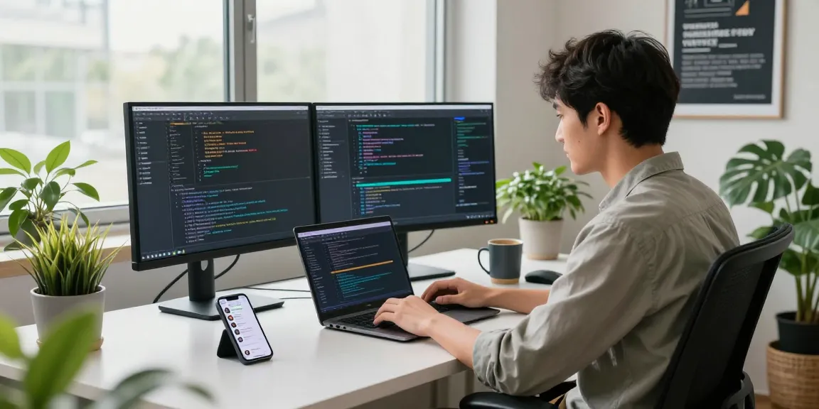 WPS Download in a modern workspace with a developer coding on dual monitors and laptop showcasing productivity tools.