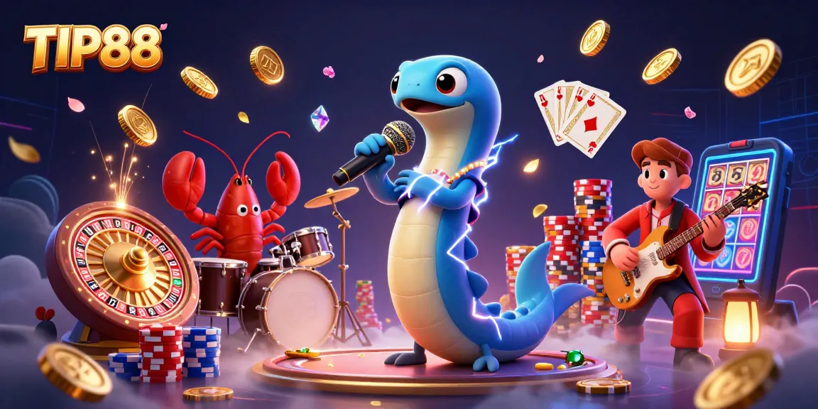 Engage with TIP88's vibrant casino scene showcasing electric eel DJ, lobster drummer, and seahorse guitarist.