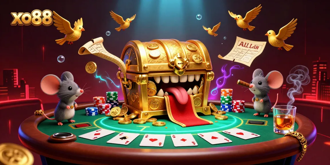 Play exciting casino games with xo88's captivating 3D treasure chest illustration, featuring poker elements.