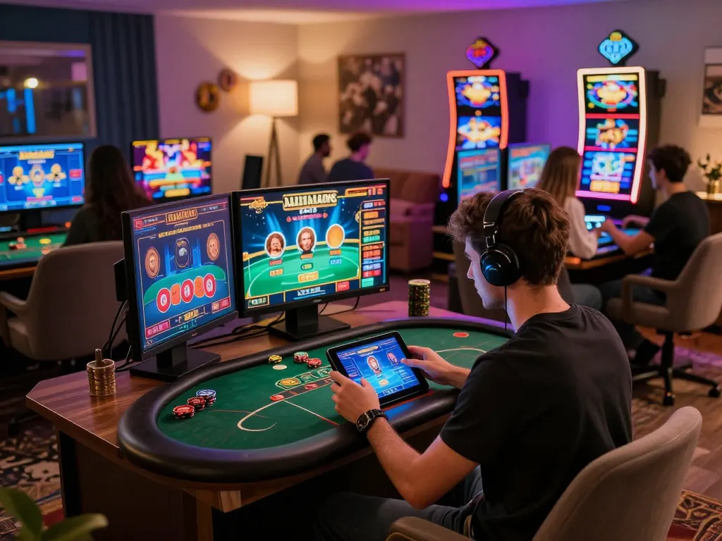 g28 online players engaged in dynamic poker gameplay at home, showcasing strategic betting and modern gaming setup