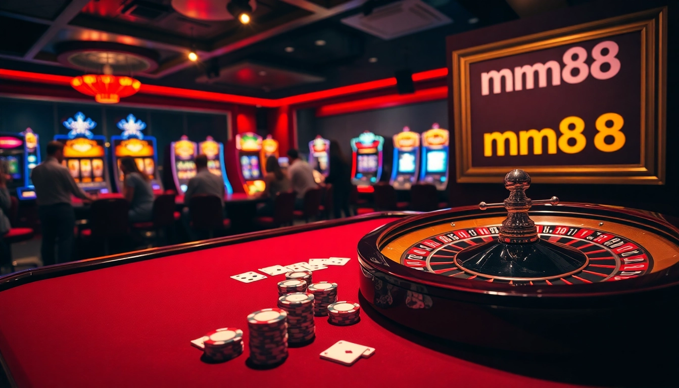 Experience exhilarating gameplay at mm88 Casino with vibrant tables and glowing slot machines.