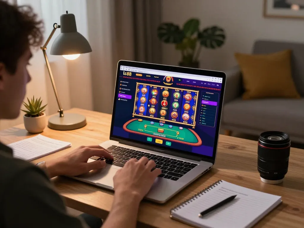 Player using lc88 for online gaming with colorful slots visible on screen in a cozy home environment
