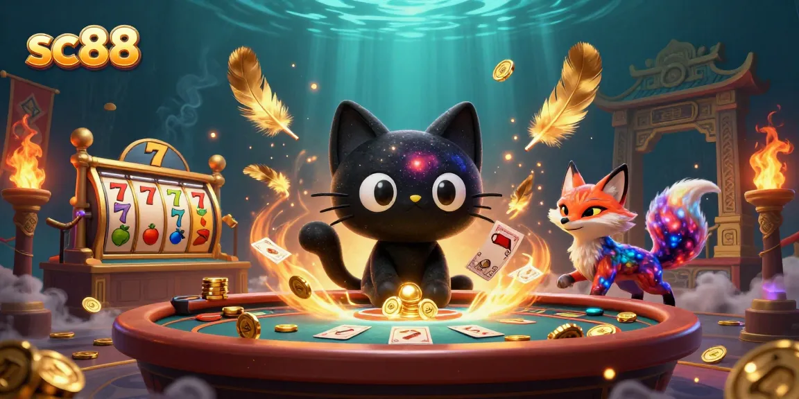 sc88 immerses players in a cosmic casino adventure with a black hole cat and slot reels.