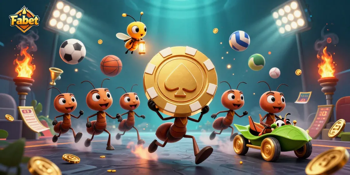 Fabet showcases gamblers' thrilling heist with ants carrying a giant poker chip amidst dynamic sports elements.