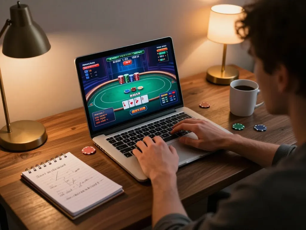 Player exploring online poker strategies with vu88, showcasing a cozy gaming environment