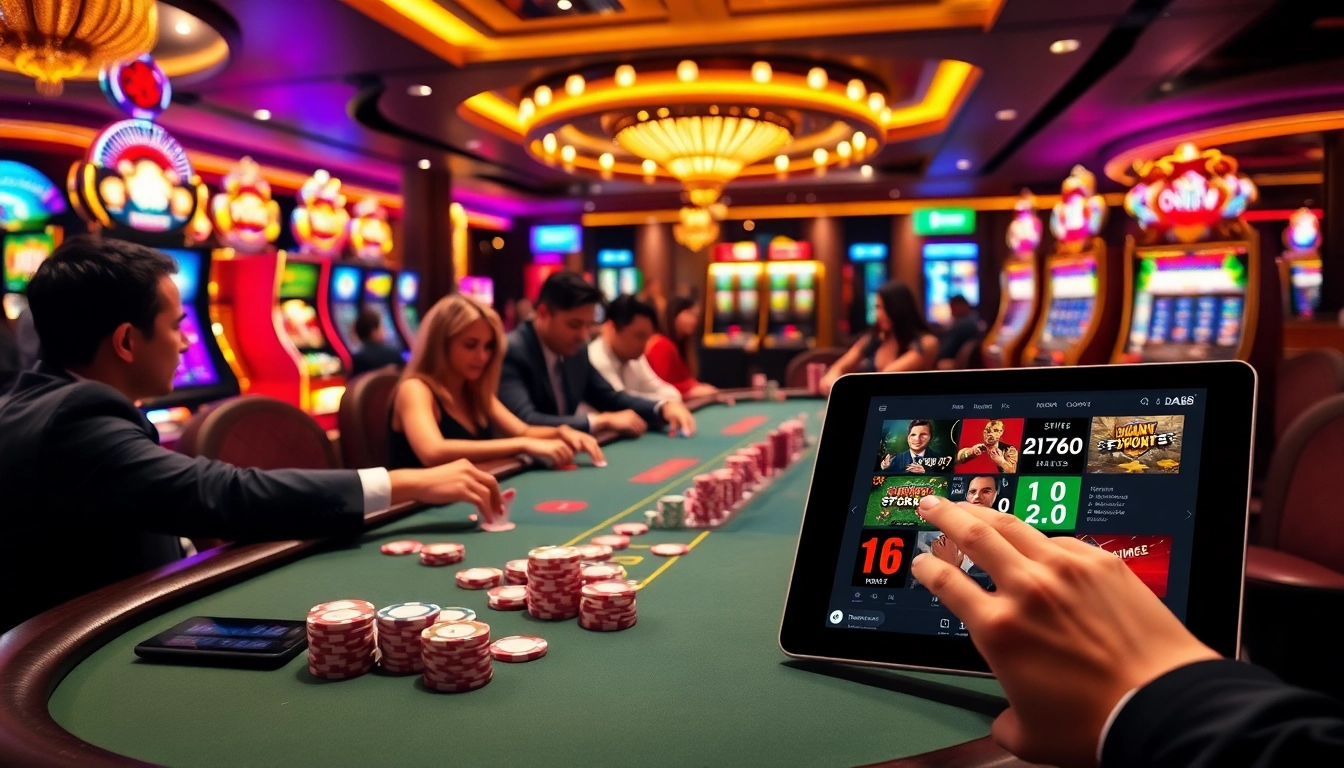 Experience the thrill of da88 gaming with a vibrant casino scene featuring poker tables and slot machines.