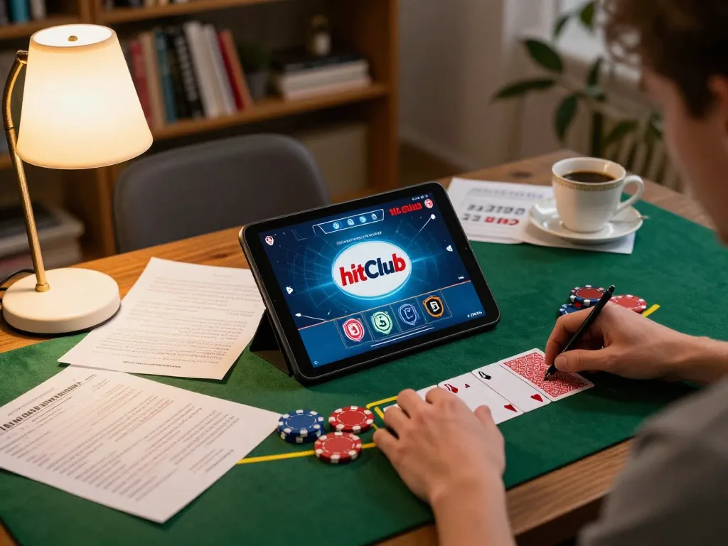Engaging in strategy-based blackjack at home with hitclub logo visible on tablet screen.