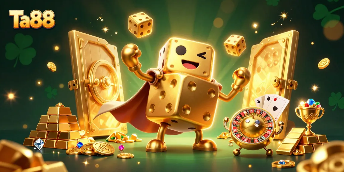 Experience Ta88 with thrilling golden dice golem and dynamic casino elements in a vibrant illustration.