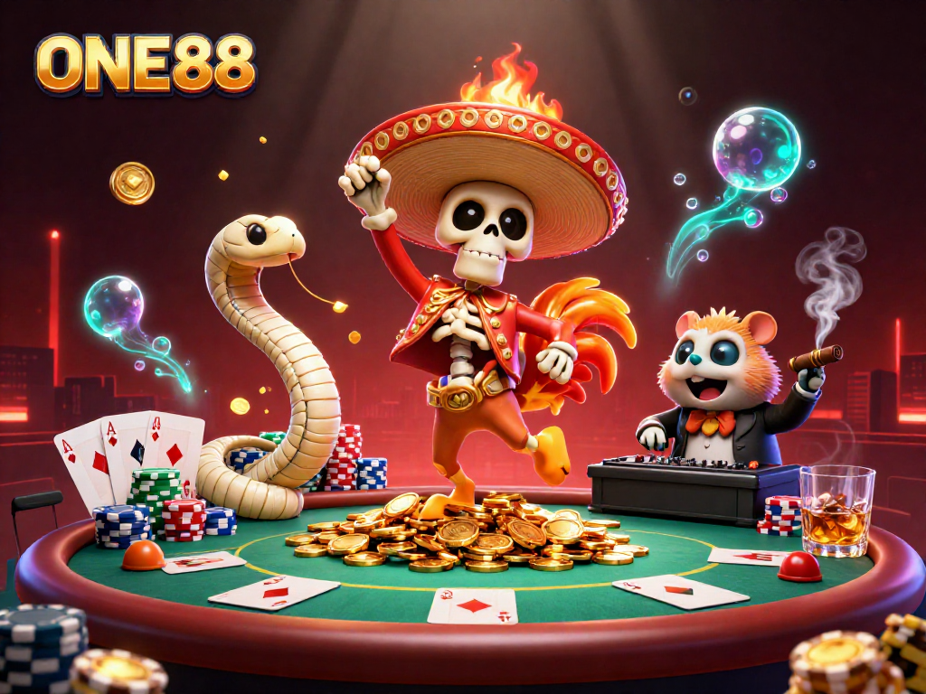 ONE88 showcases an exciting victory scene with a lively casino atmosphere featuring gaming elements.