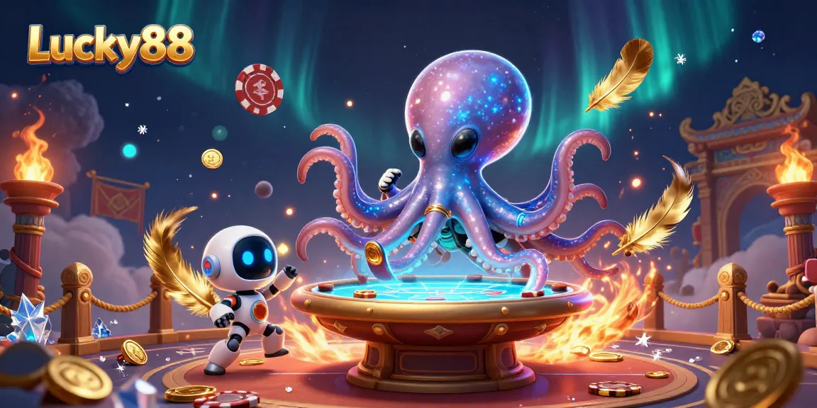 Lucky88 features a dynamic alien octopus and robot at a holographic poker table in an exciting casino scene.