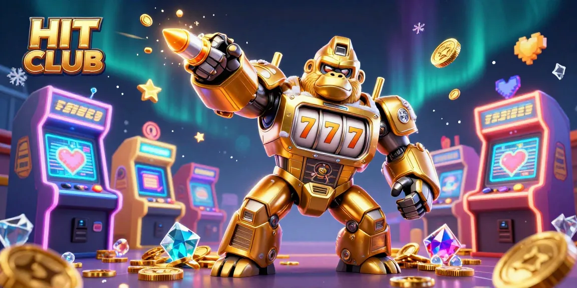 Experience the excitement of HIT CLUB with a golden gorilla mech and gaming elements exploding with casino luck.