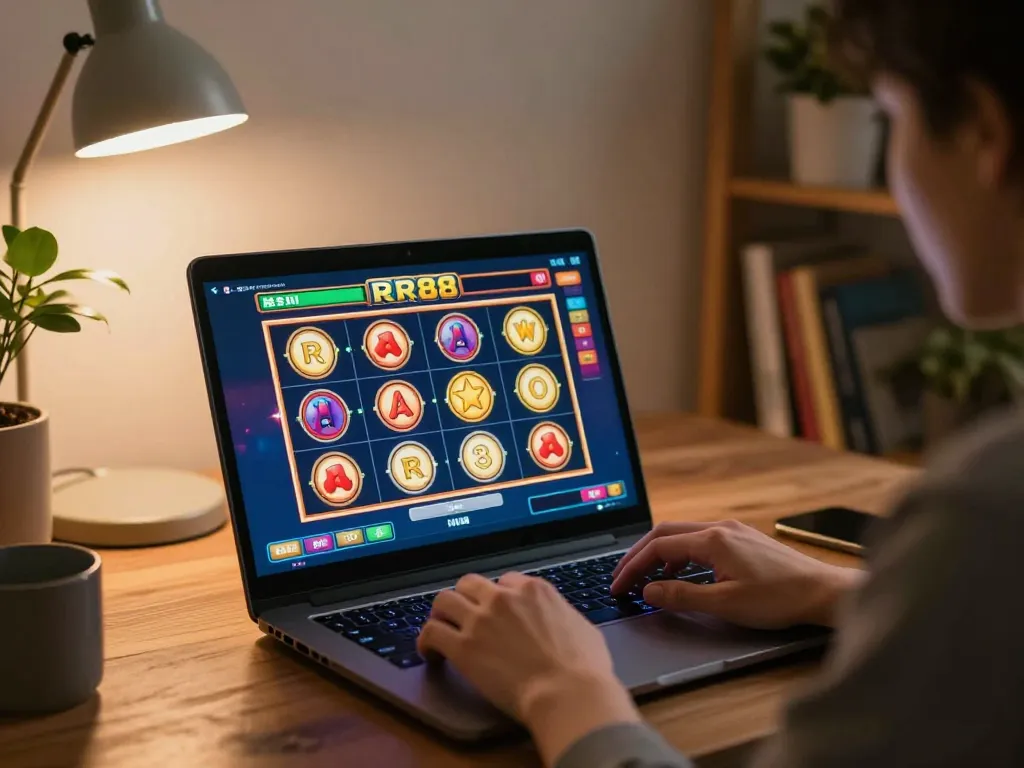 Person enjoying an online RR88 gaming session on a laptop with engaging slot game interface