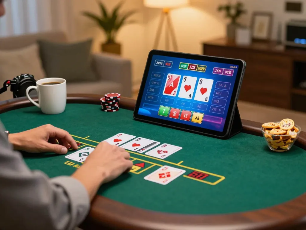 Player using tablet for live dealer blackjack on 98win, showcasing strategic gameplay at home
