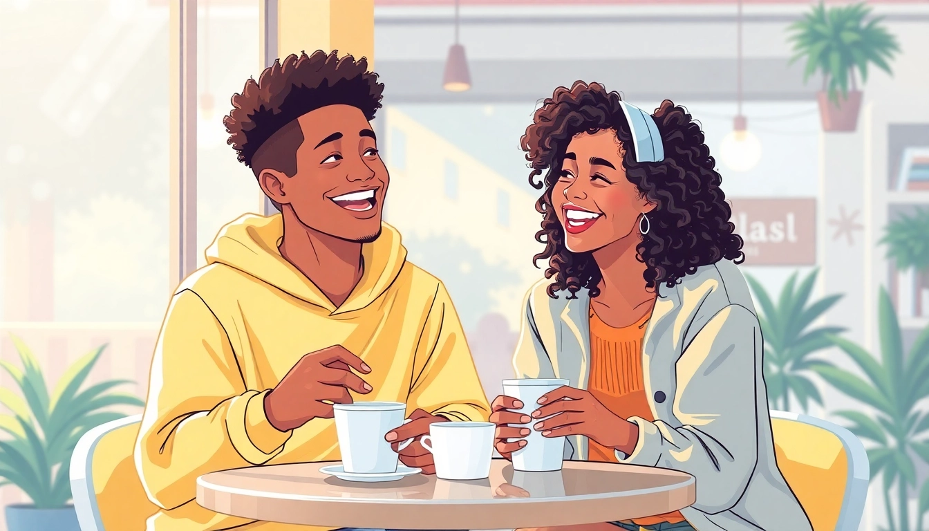 Capture the moment of a crush on someone with two friends sharing laughter in a cozy café.