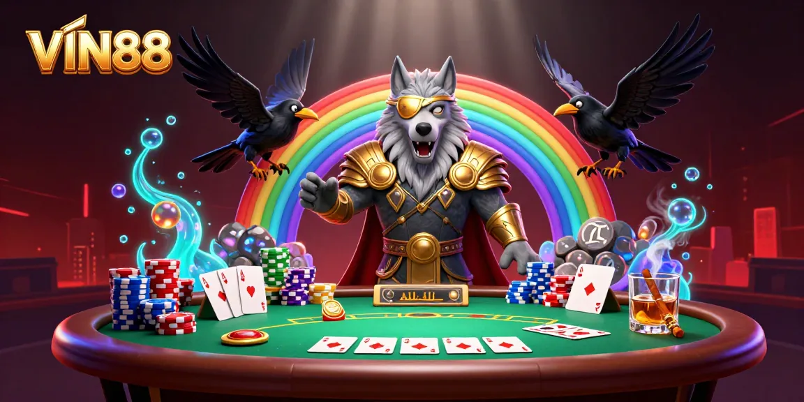 Experience thrilling gaming with VIN88’s immersive 3D casino scene featuring poker elements.