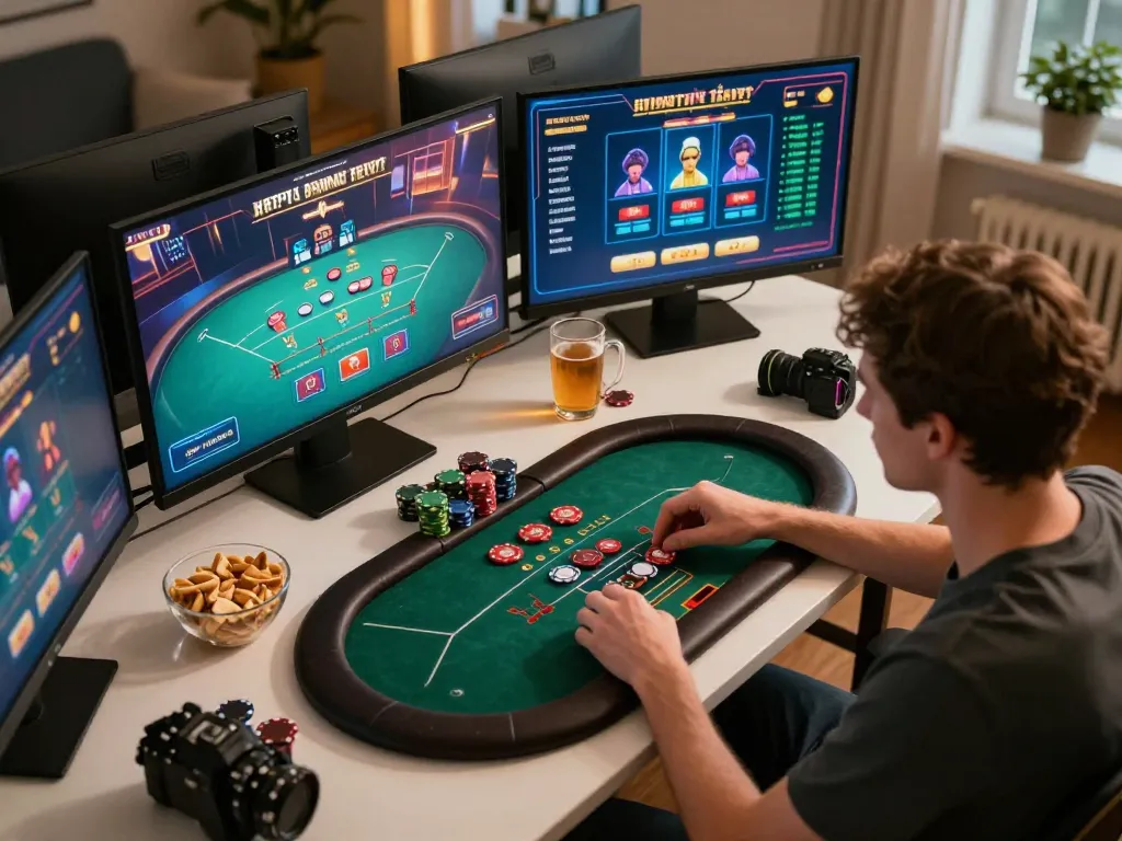Player engaging in online games at 678vip, showcasing a strategic poker session with multiple screens and snacks.
