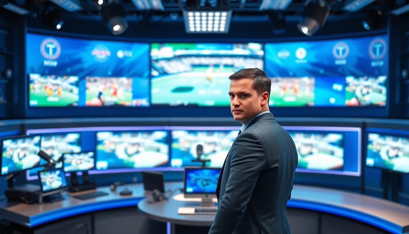 Engaging sports broadcasting studio highlighting dynamic live coverage and a professional anchor.