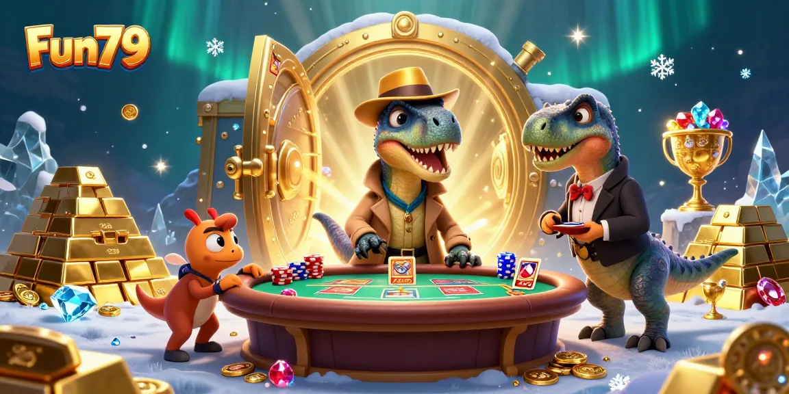 Engage in thrilling casino action at Fun79 with velociraptor card counters and dazzling treasures.