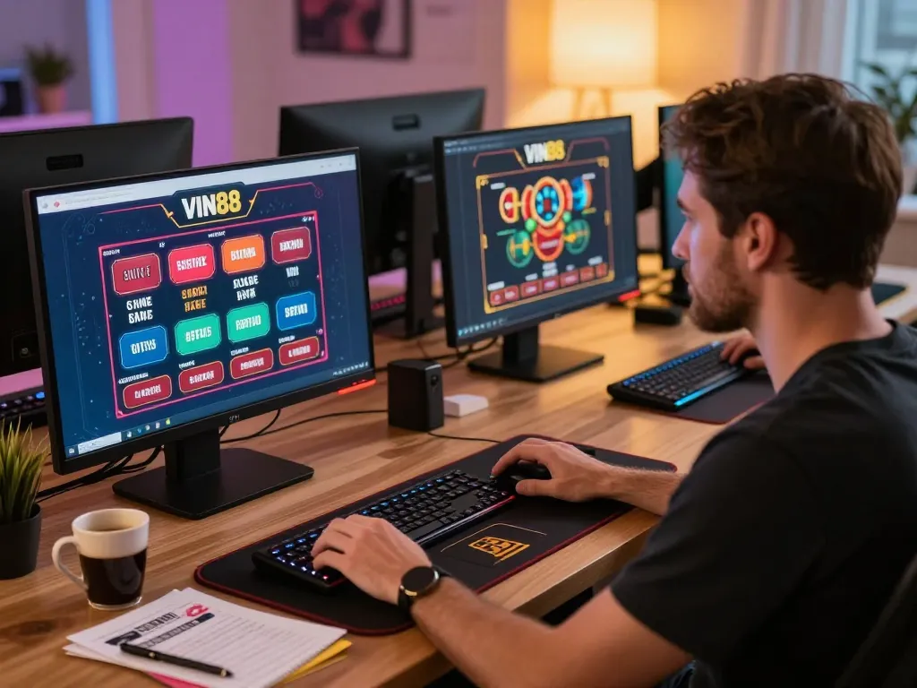 Engaged player strategizing on VIN88 casino app for a winning online gaming experience.