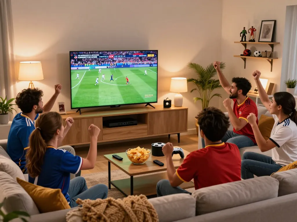 Friends enjoying a live match from cakhiatv.uk.com in a cozy living room atmosphere.