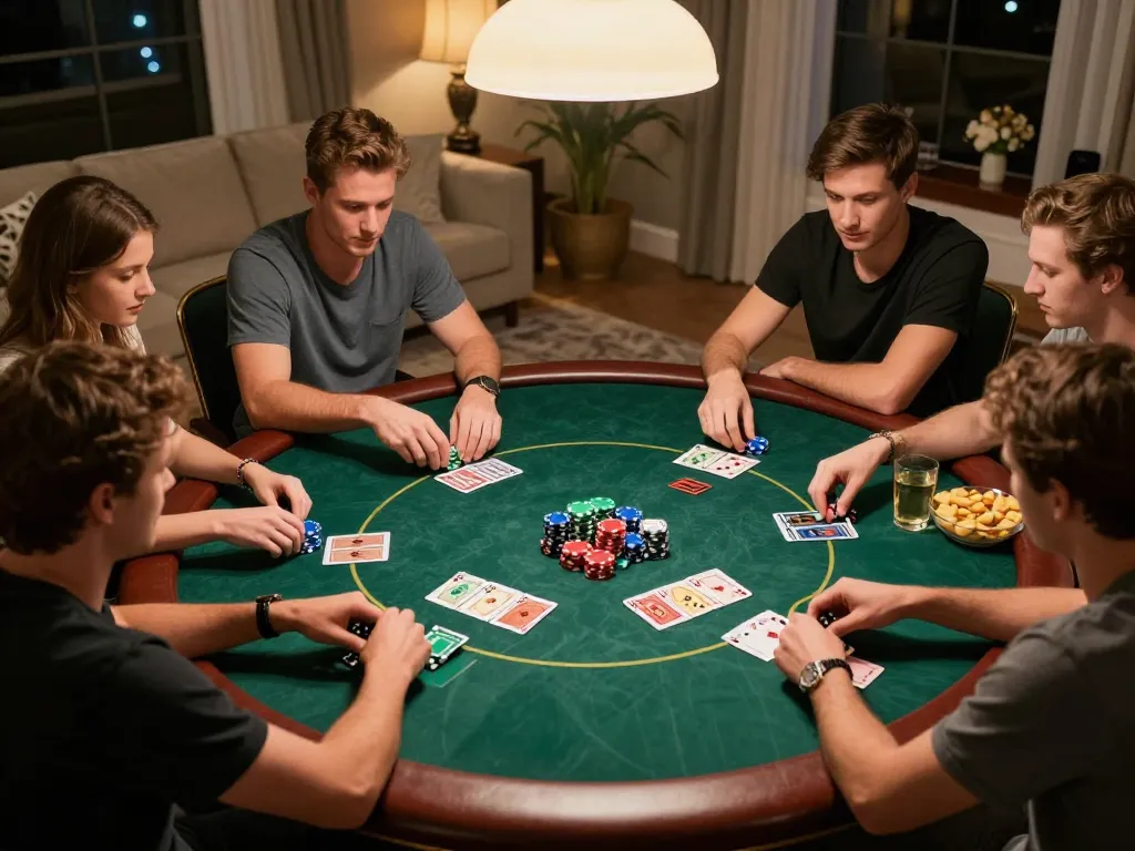 Group enjoying an exciting poker game at home, showcasing the engaging dynamics of the 5679 app experience.
