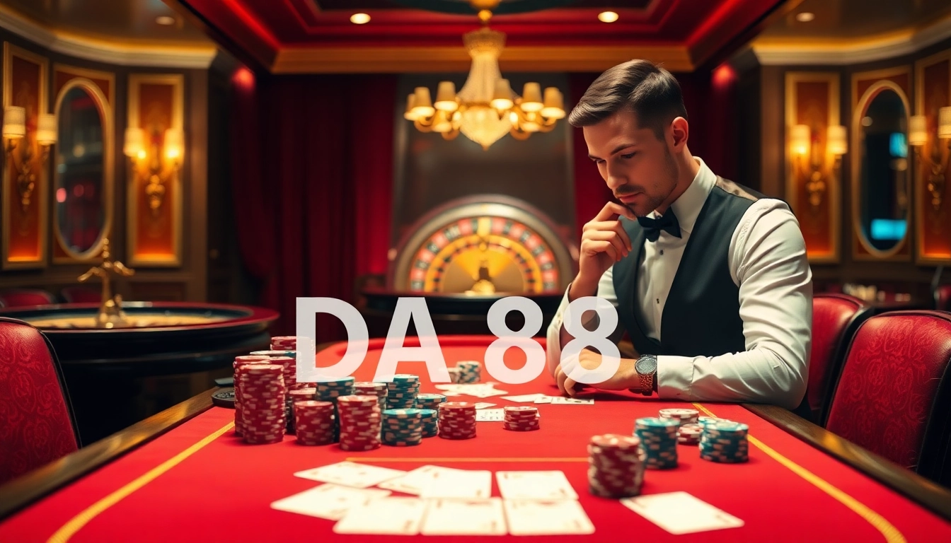 Strategic casino gaming with DA88 poker chips and a roulette wheel capturing the thrill of high-stakes bets.