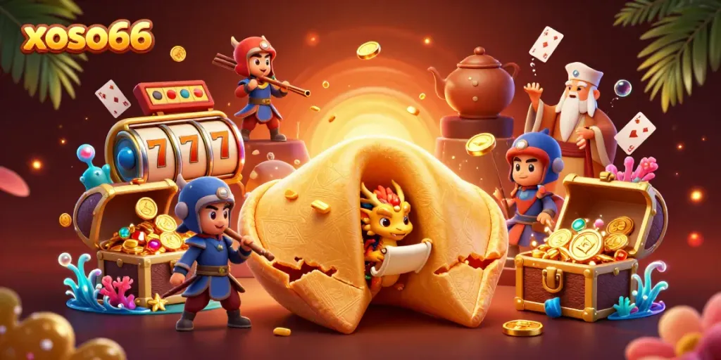 Xoso66 engages players with slots, fortune cookie characters, and gold treasures in vibrant 3D art.