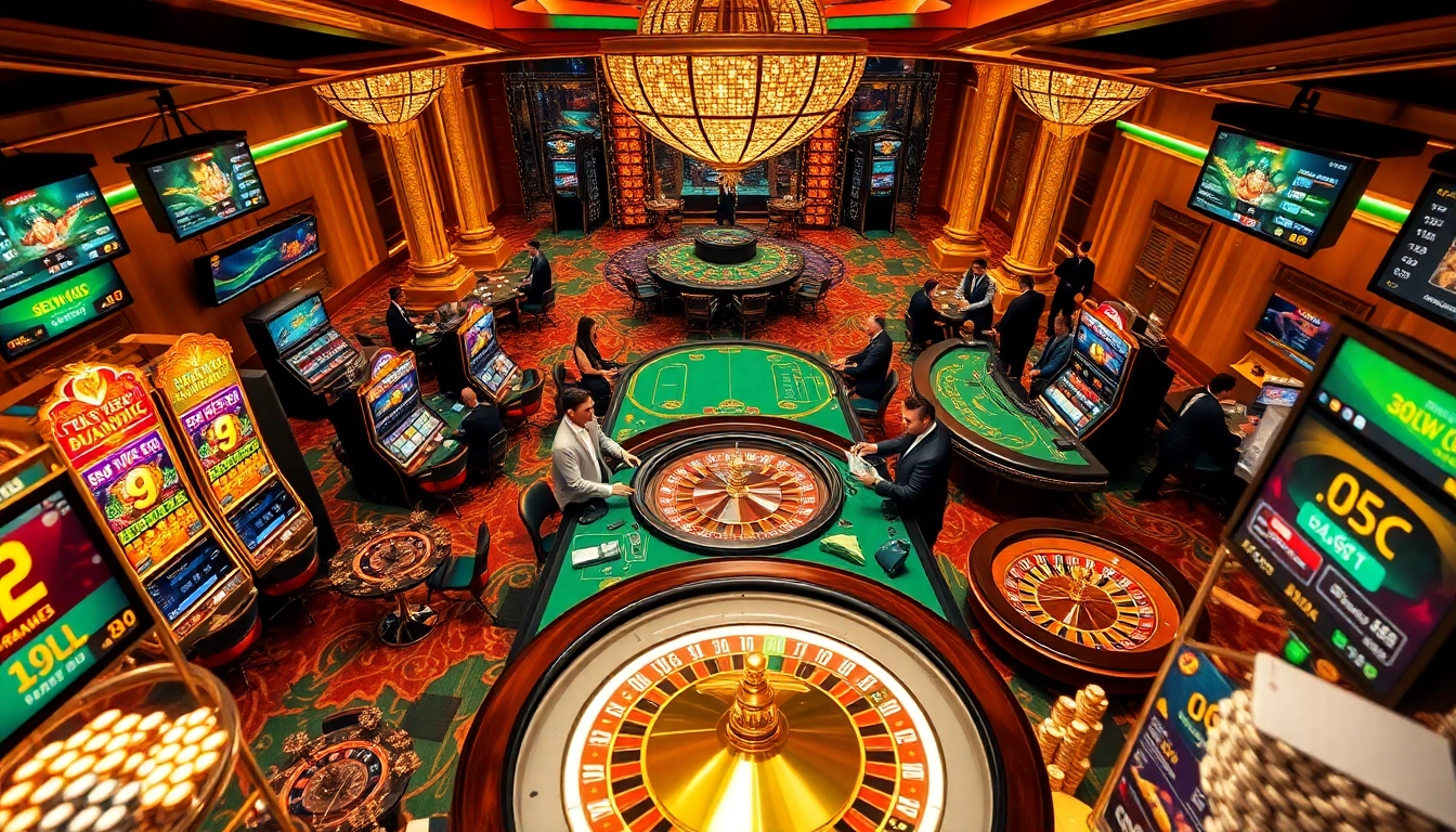 Exciting scene at nhà cái 888NEW casino with vibrant tables and slot machines.