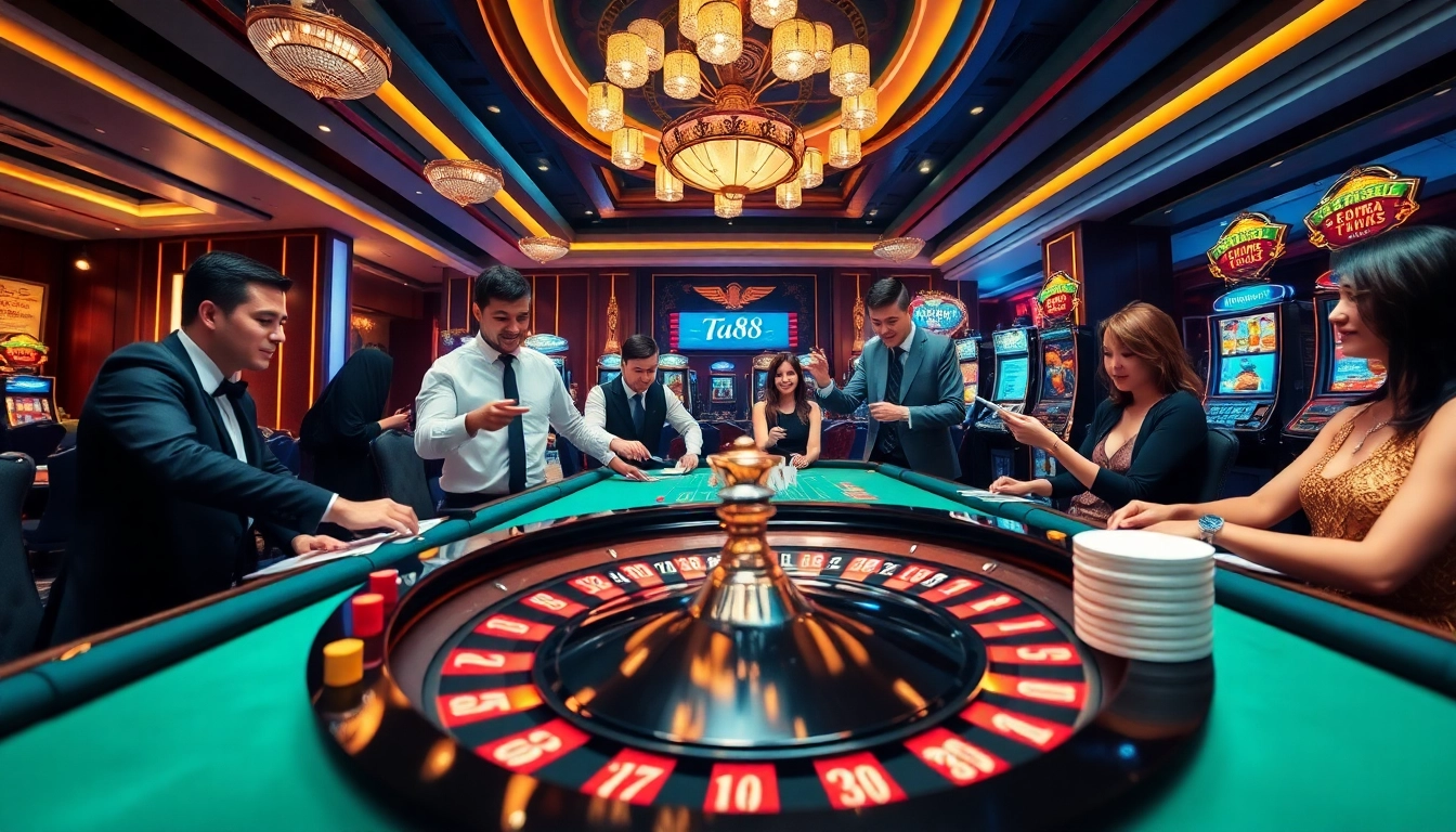 Players at a premium casino experience ta88 excitement with roulette and poker tables.