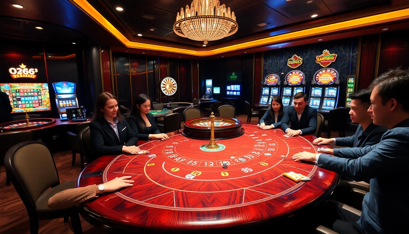 Players enjoying a thrilling game at nhà cái OK365 luxurious casino featuring vibrant lights and tables.