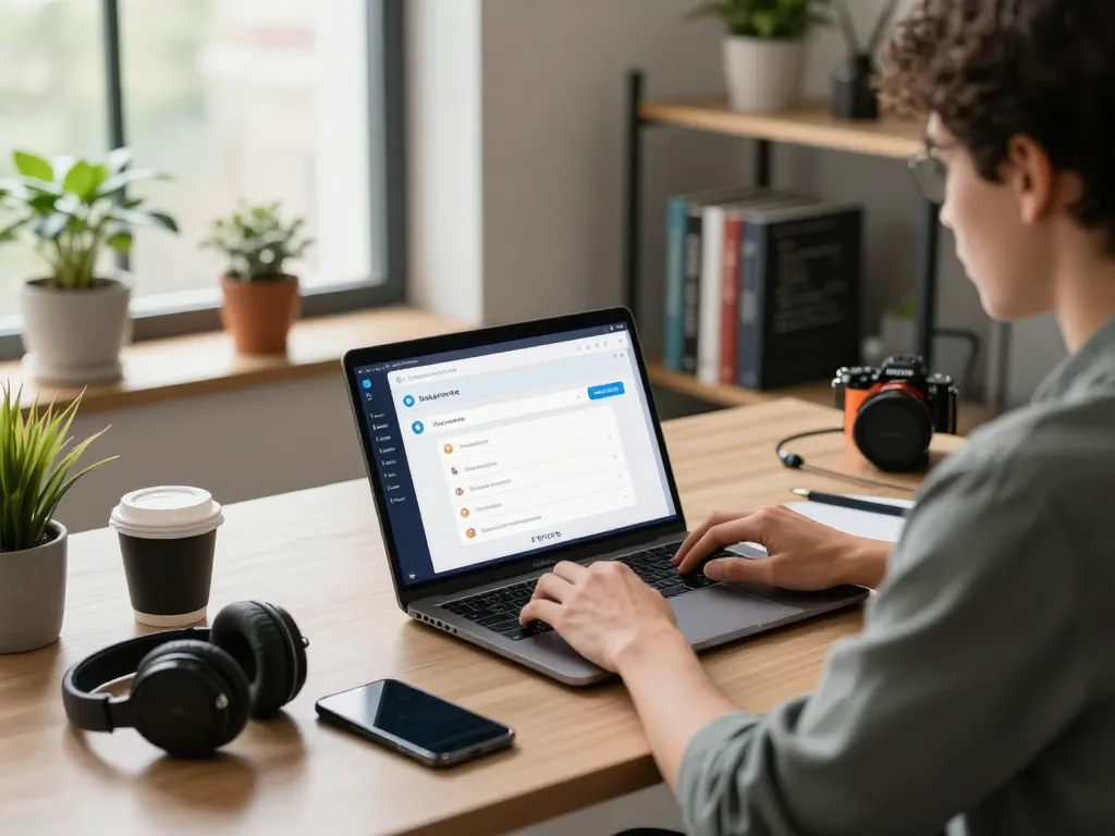 科技爱好者在现代工作空间中为笔记本电脑设置Telegram中文。