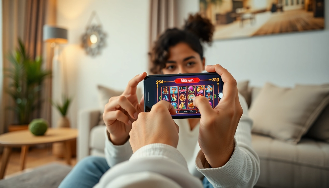 Engaging scene of a user enjoying the 555win app on a smartphone in a cozy living room setting.