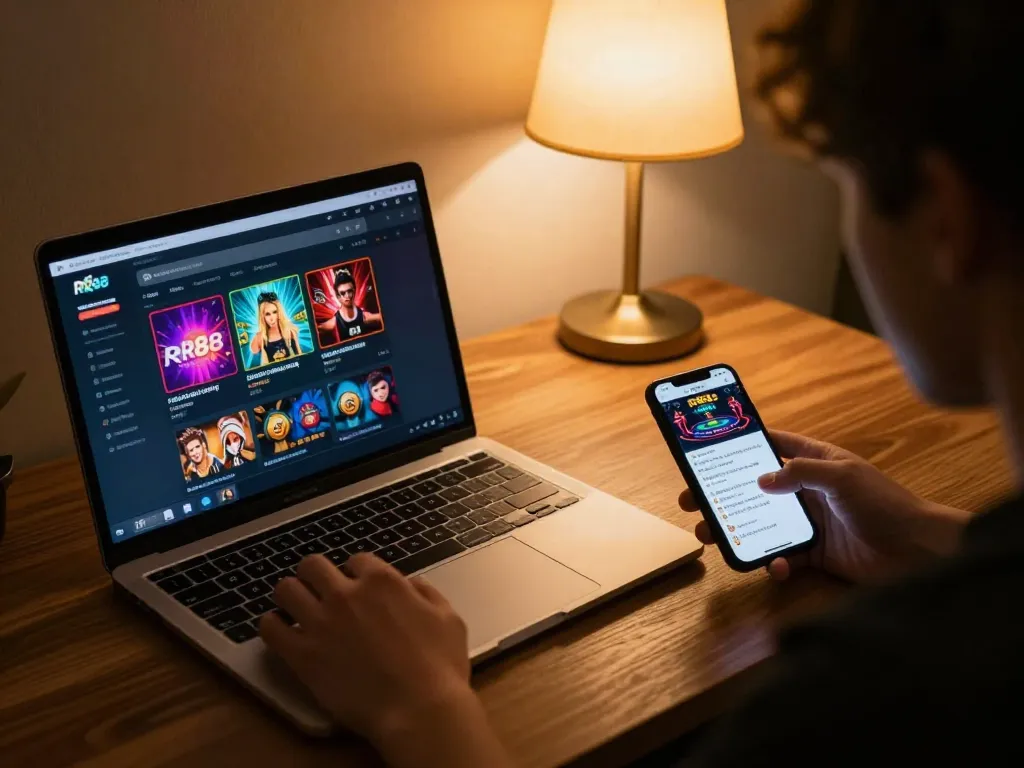 Engaged player exploring the Trang game RR88 on a laptop and smartphone, highlighting modern online gaming strategies.