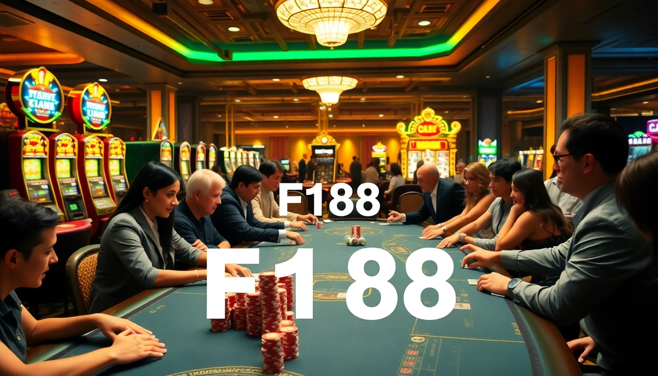Players enjoying games at F168 casino with vibrant slot machines and high-stakes tables.