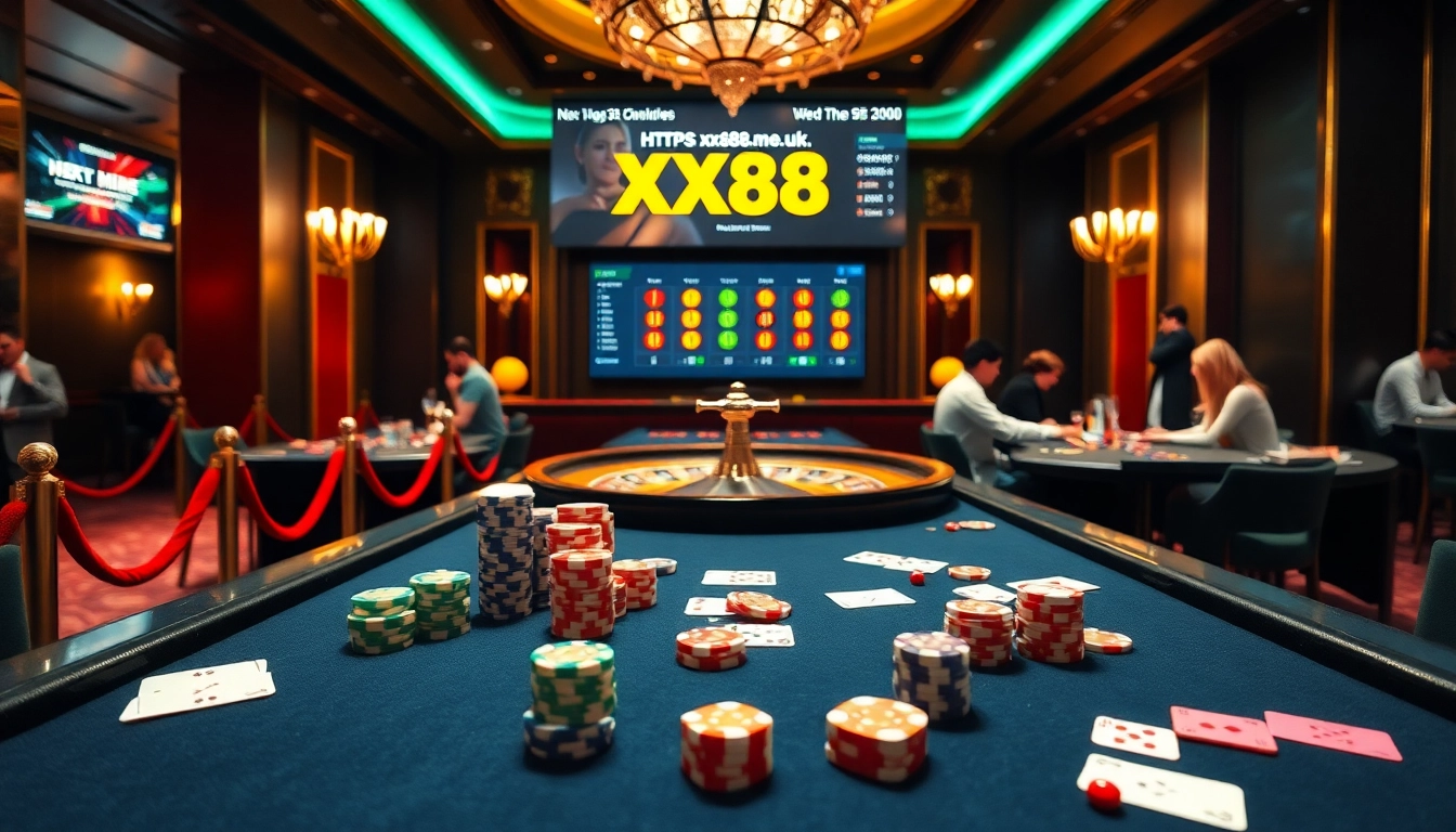 Vibrant casino scene showcasing players engaged in online gambling at https://xx88.me.uk/ with poker chips and roulette wheel.