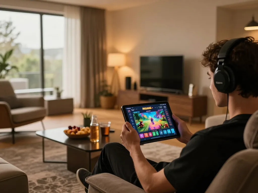 Engaging in the Trang game RR88 on a tablet in a cozy home setting with snacks and drinks