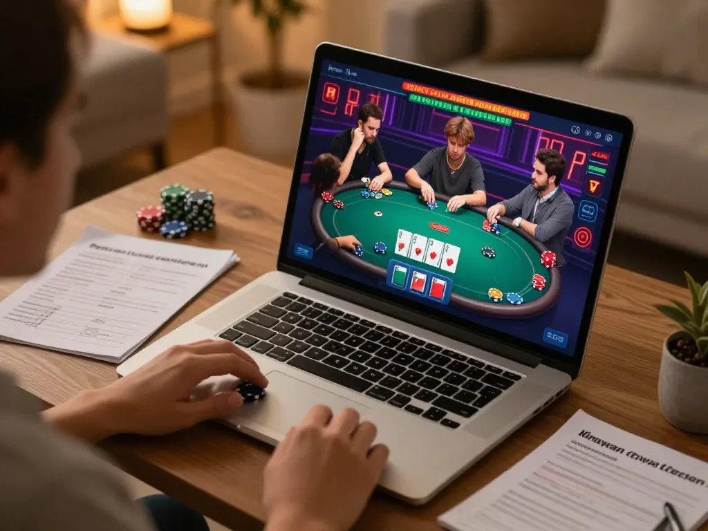 Play poker online at RR88, where players engage in a strategic game with vibrant interface and comfortable home setup.