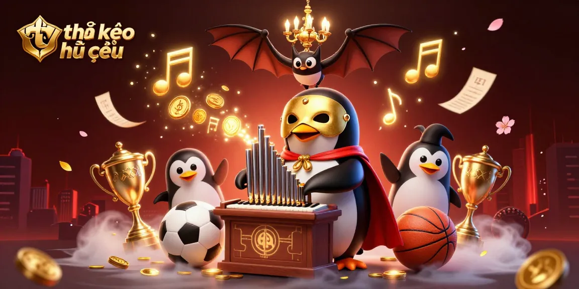 Engage with tỷ lệ kèo nhà cái illustrated by a 3D cartoon penguin playing an organ shooting coins, surrounded by sports-themed elements.