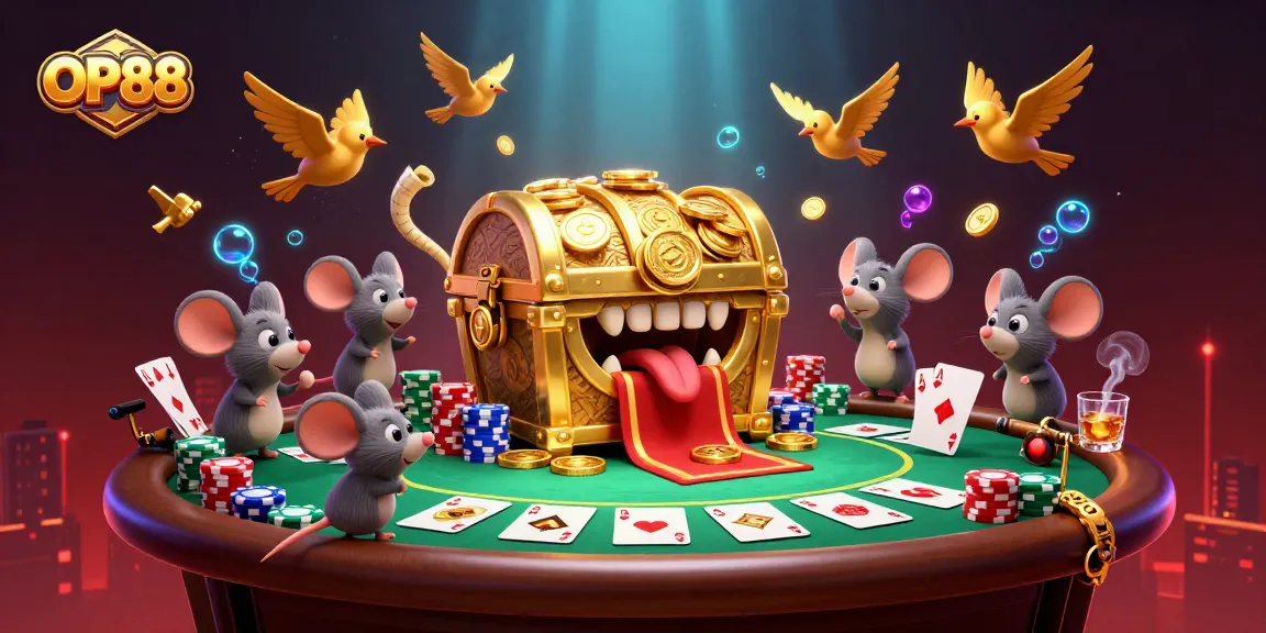 Engage with OP88's thrilling adventure in an ultra-detailed casino treasure scene with epic gambling elements.