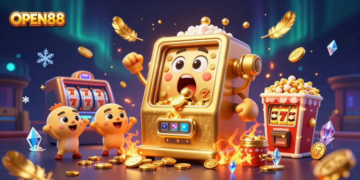 OPEN88 thrills with a golden slot machine winning a jackpot amidst a lively casino adventure.