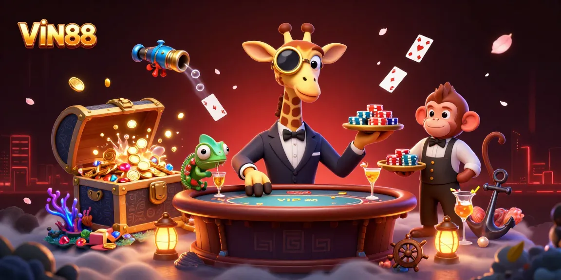 VIN88 engages players with vibrant casino scenes featuring a high-roller giraffe at a poker table.