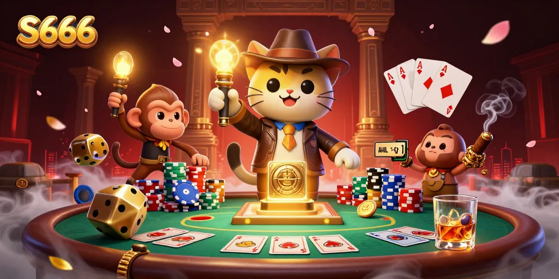 S666 players engage in thrilling gameplay at a vibrant casino with colorful chips and artifacts